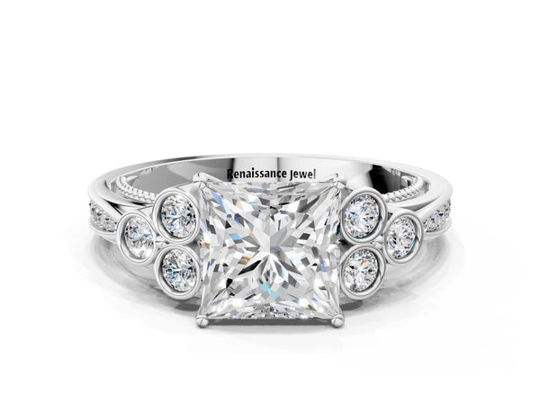 White gold Princess Cut Diamond Engagement Ring with Bezel Set Round Side Stones and Prong Setting