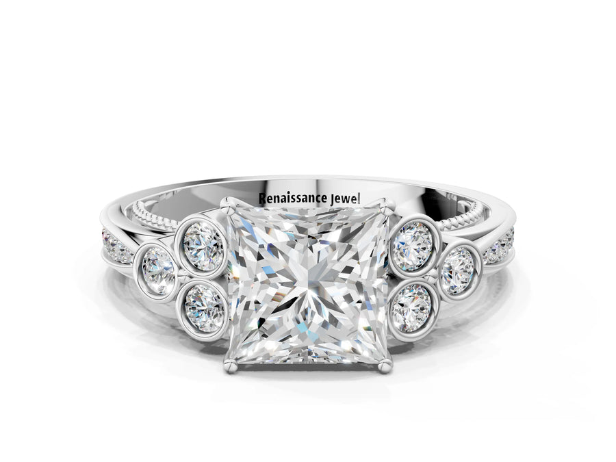 White gold Princess Cut Diamond Engagement Ring with Bezel Set Round Side Stones and Prong Setting