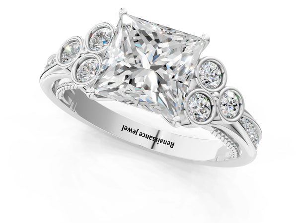 White gold Princess Cut Diamond Engagement Ring with Bezel Set Round Side Stones and Prong Setting