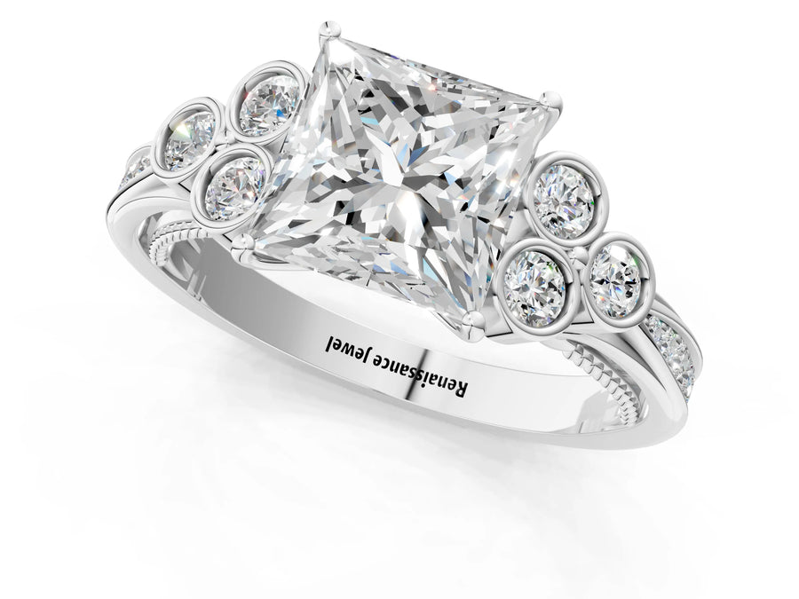White gold Princess Cut Diamond Engagement Ring with Bezel Set Round Side Stones and Prong Setting