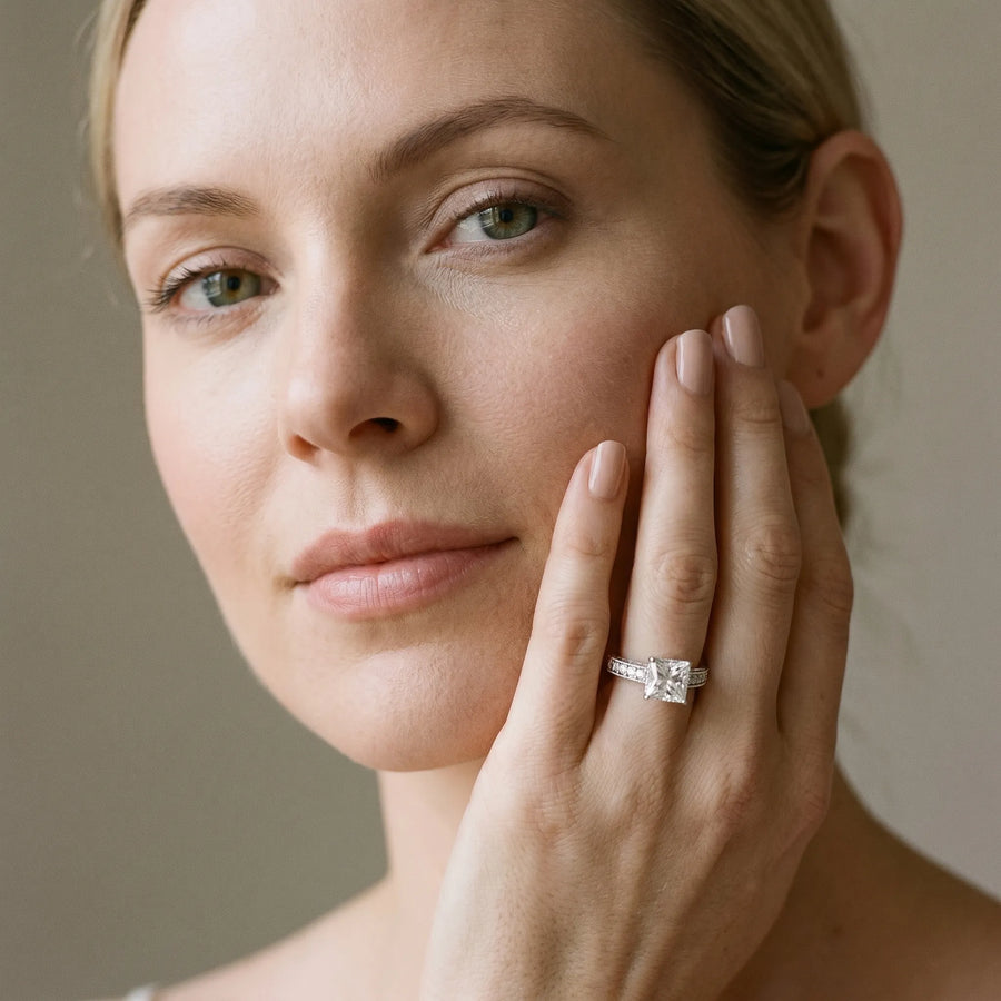 White gold Princess Cut Diamond Engagement Ring with Milgrain Channel Set Band and Prong Setting