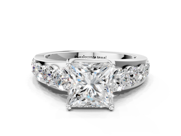 White gold Princess Cut Diamond Engagement Ring with Pavé Band and Four-Prong Setting