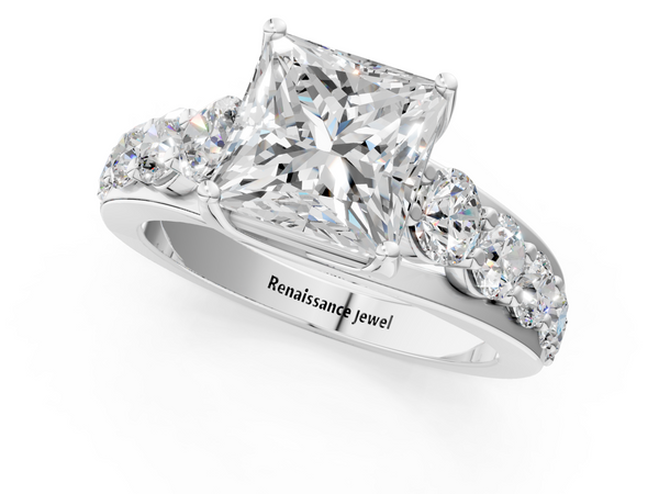 White gold Princess Cut Diamond Engagement Ring with Pavé Band and Four-Prong Setting