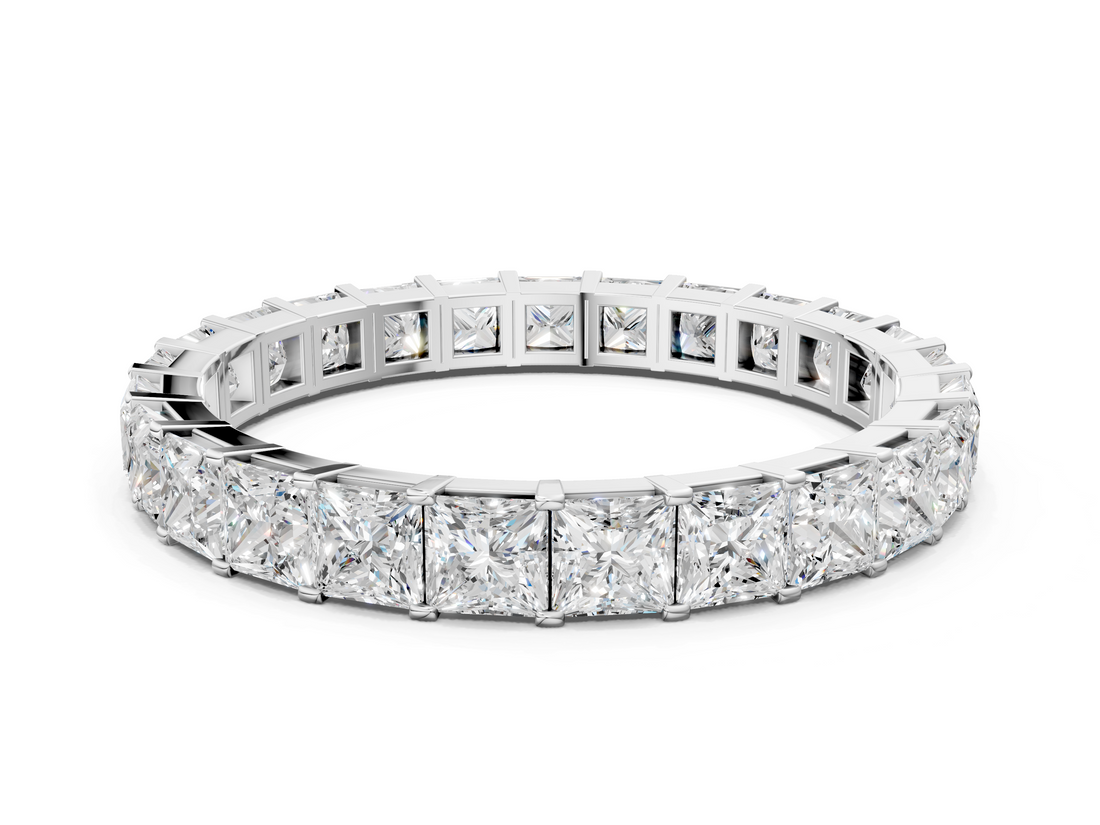 Silver Princess Cut Diamond Eternity Band with Channel Setting and Shared Prong