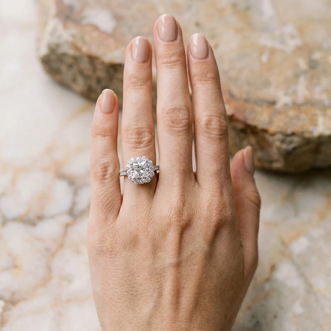 White gold Princess Cut Diamond Floral Halo Engagement Ring with Pavé Band and Four-Prong Setting_3