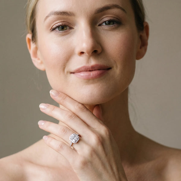 White gold Princess Cut Diamond Floral Halo Engagement Ring with Pavé Band and Four-Prong Setting