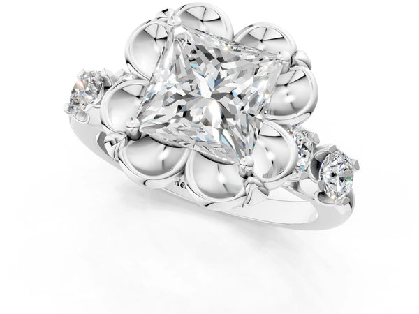 White gold Princess Cut Diamond Floral Halo Engagement Ring with Shared Prong Setting
