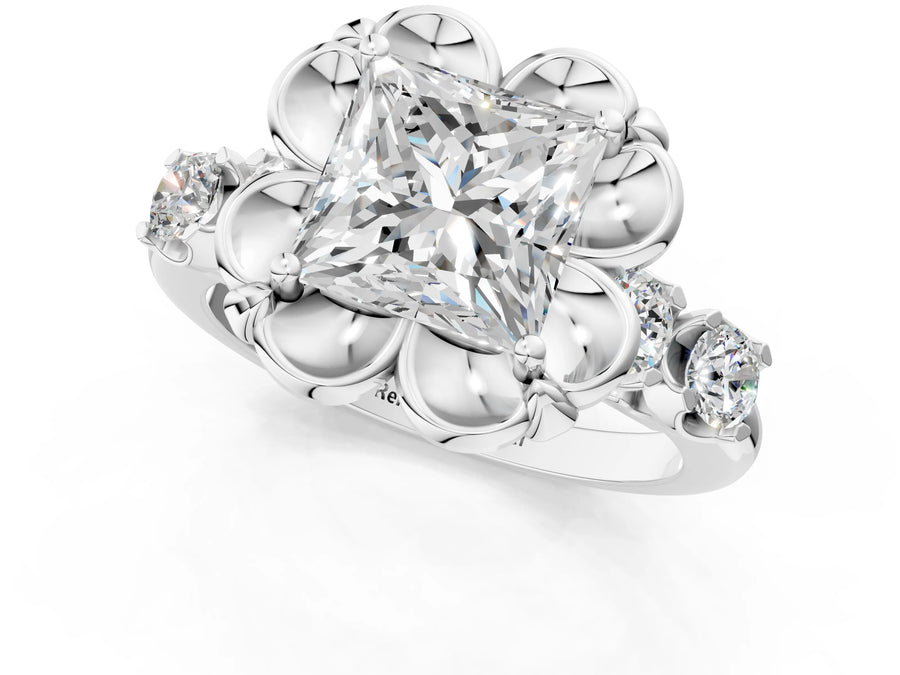 White gold Princess Cut Diamond Floral Halo Engagement Ring with Shared Prong Setting