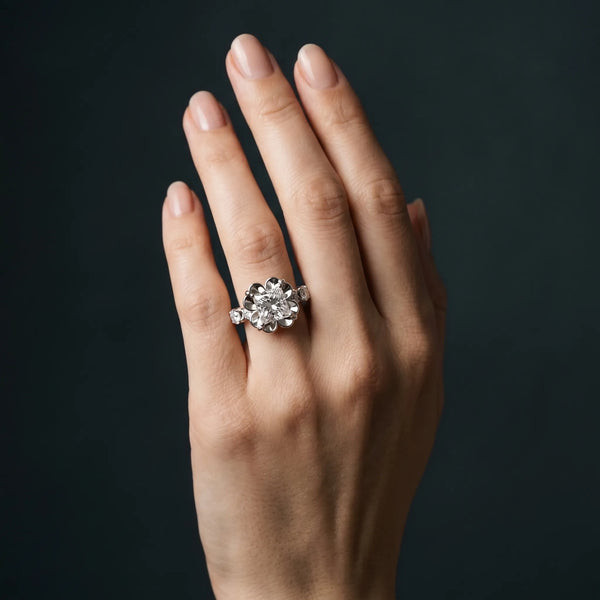 White gold Princess Cut Diamond Floral Halo Engagement Ring with Shared Prong Setting
