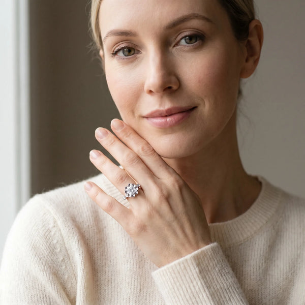 White gold Princess Cut Diamond Floral Halo Engagement Ring with Shared Prong Setting