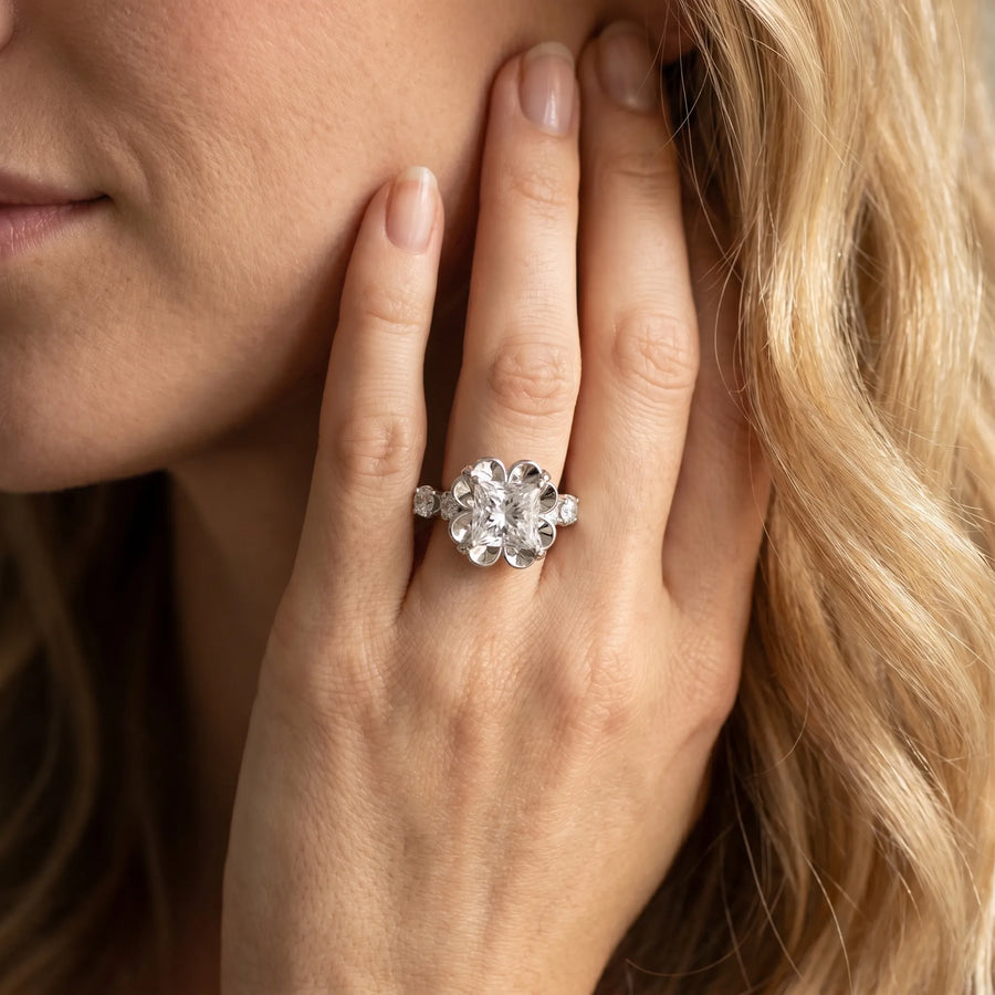 White gold Princess Cut Diamond Floral Halo Engagement Ring with Shared Prong Setting