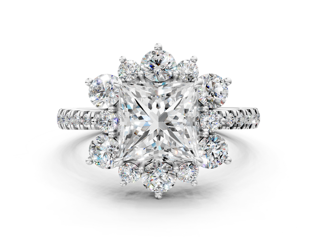 White gold Princess Cut Diamond Floral Halo Pave Band with Prong Setting_37