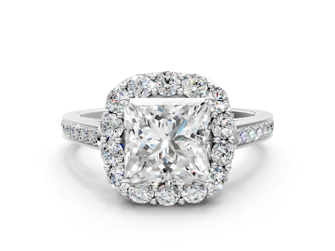 White gold Princess Cut Diamond Floral Halo Ring with Pavé Band and Prong Setting_10
