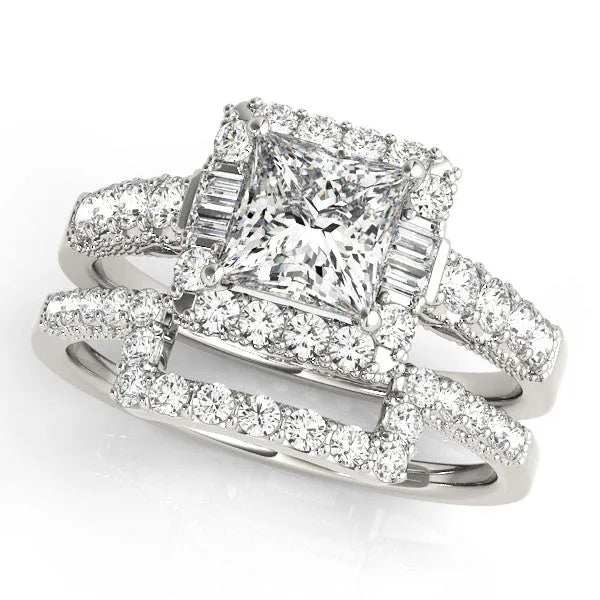 White gold Princess Cut Diamond Halo Engagement Ring with Baguette Accents and Pavé Band