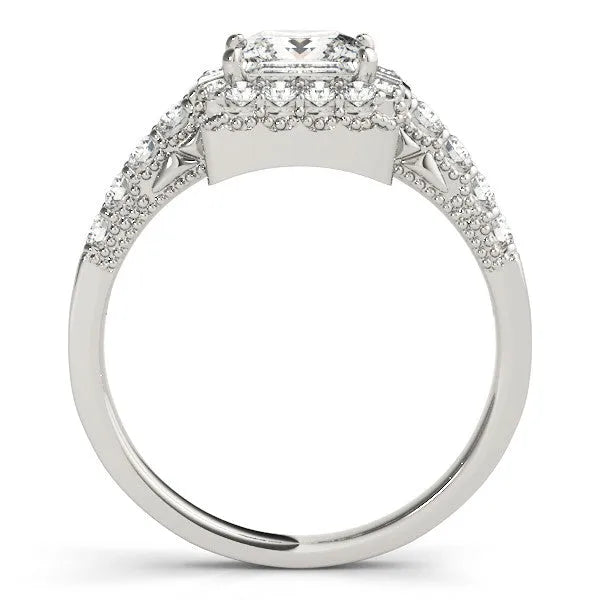 White gold Princess Cut Diamond Halo Engagement Ring with Baguette Accents and Pavé Band