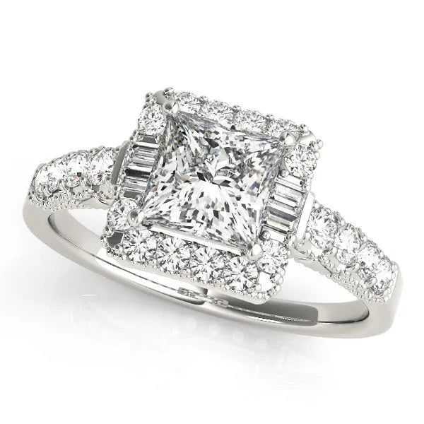 White gold Princess Cut Diamond Halo Engagement Ring with Baguette Accents and Pavé Band