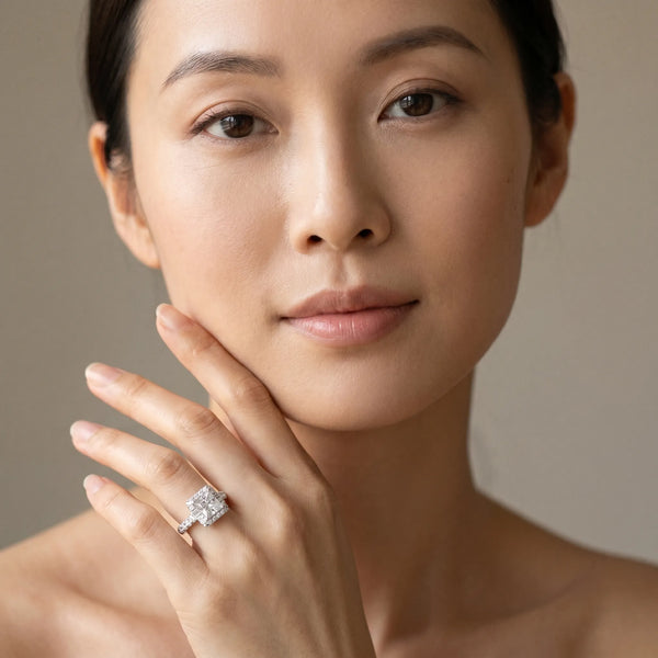 White gold Princess Cut Diamond Halo Engagement Ring with Baguette Accents and Pavé Band