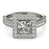 White gold Princess Cut Diamond Halo Engagement Ring with Milgrain Detail and Engraved Band 1