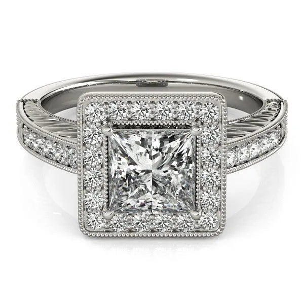 White gold Princess Cut Diamond Halo Engagement Ring with Milgrain Detail and Engraved Band