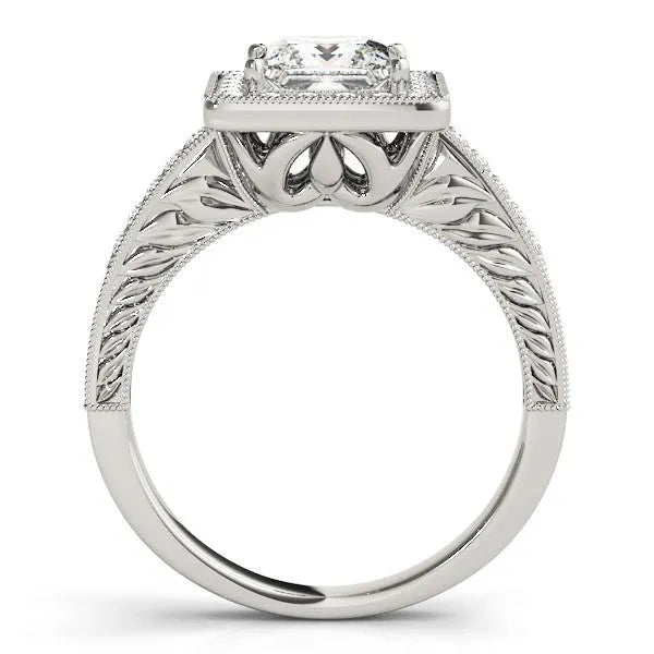 White gold Princess Cut Diamond Halo Engagement Ring with Milgrain Detail and Engraved Band