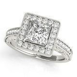 White gold Princess Cut Diamond Halo Engagement Ring with Milgrain Detail and Engraved Band