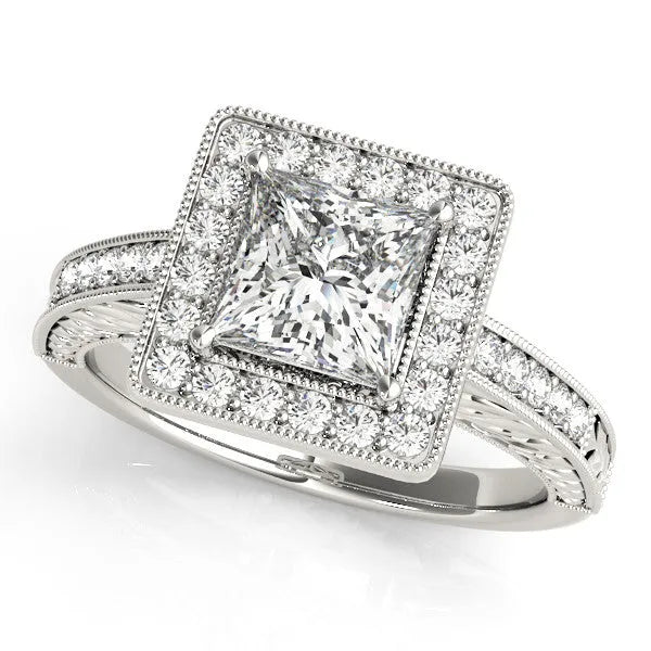 White gold Princess Cut Diamond Halo Engagement Ring with Milgrain Detail and Engraved Band