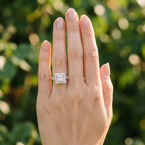 White gold Princess Cut Diamond Halo Engagement Ring with Milgrain Detail and Engraved Band