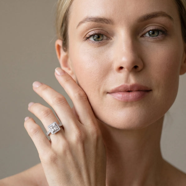 White gold Princess Cut Diamond Halo Engagement Ring with Milgrain Detail and Engraved Band