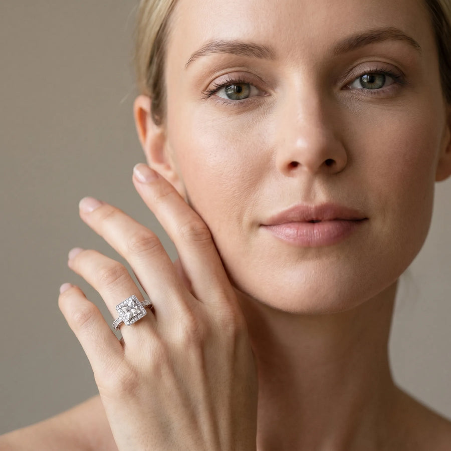 White gold Princess Cut Diamond Halo Engagement Ring with Milgrain Detail and Engraved Band