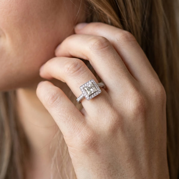 White gold Princess Cut Diamond Halo Engagement Ring with Milgrain Detail and Engraved Band