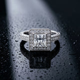 White gold Princess Cut Diamond Halo Engagement Ring with Milgrain Detail and Engraved Band_9