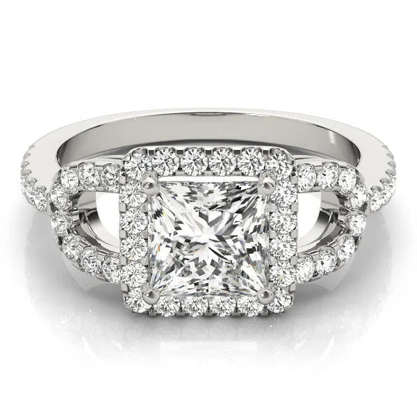 White gold Princess Cut Diamond Halo Engagement Ring with Open Split Pavé Band
