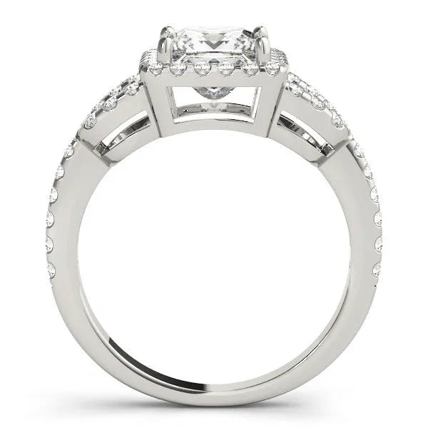 White gold Princess Cut Diamond Halo Engagement Ring with Open Split Pavé Band