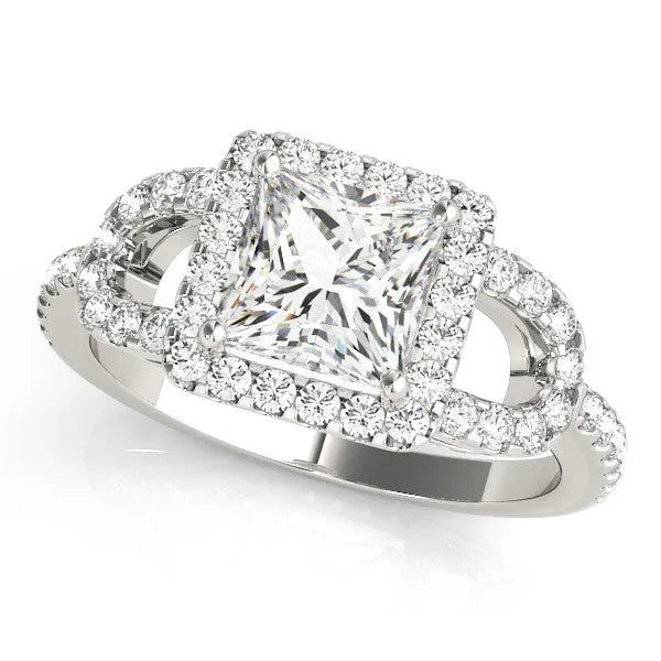 White gold Princess Cut Diamond Halo Engagement Ring with Open Split Pavé Band