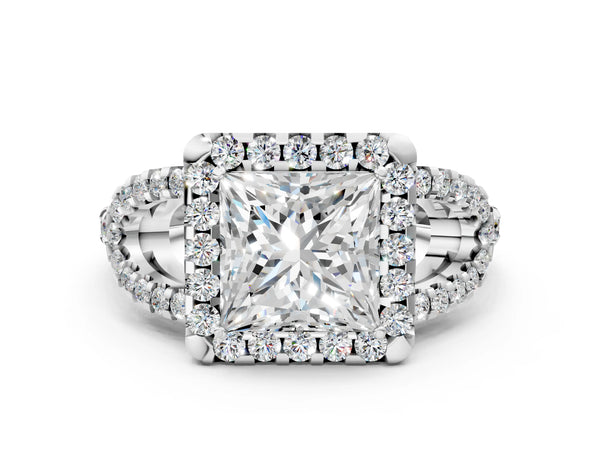 White gold Princess Cut Diamond Halo Engagement Ring with Open Split Pavé Band