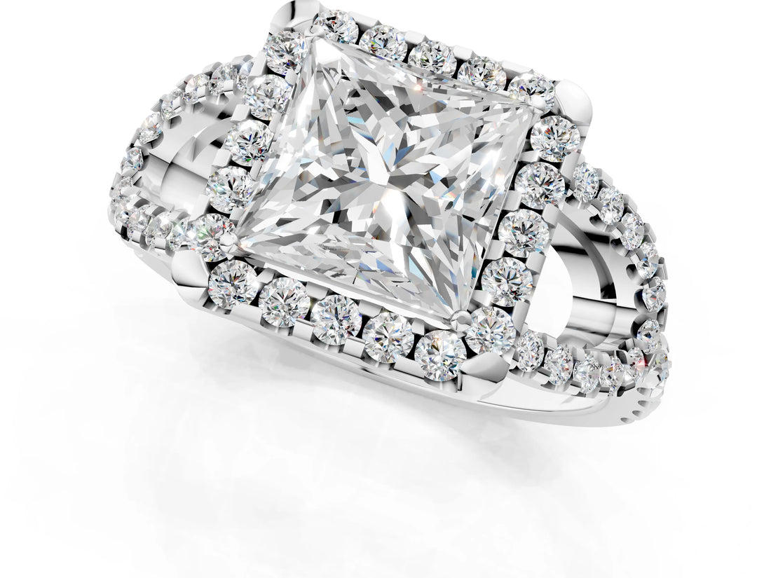 White gold Princess Cut Diamond Halo Engagement Ring with Open Split Pavé Band_15