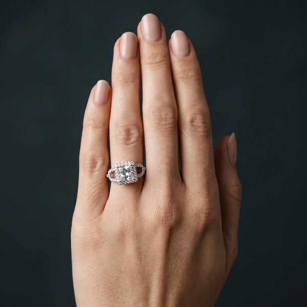 White gold Princess Cut Diamond Halo Engagement Ring with Open Split Pavé Band