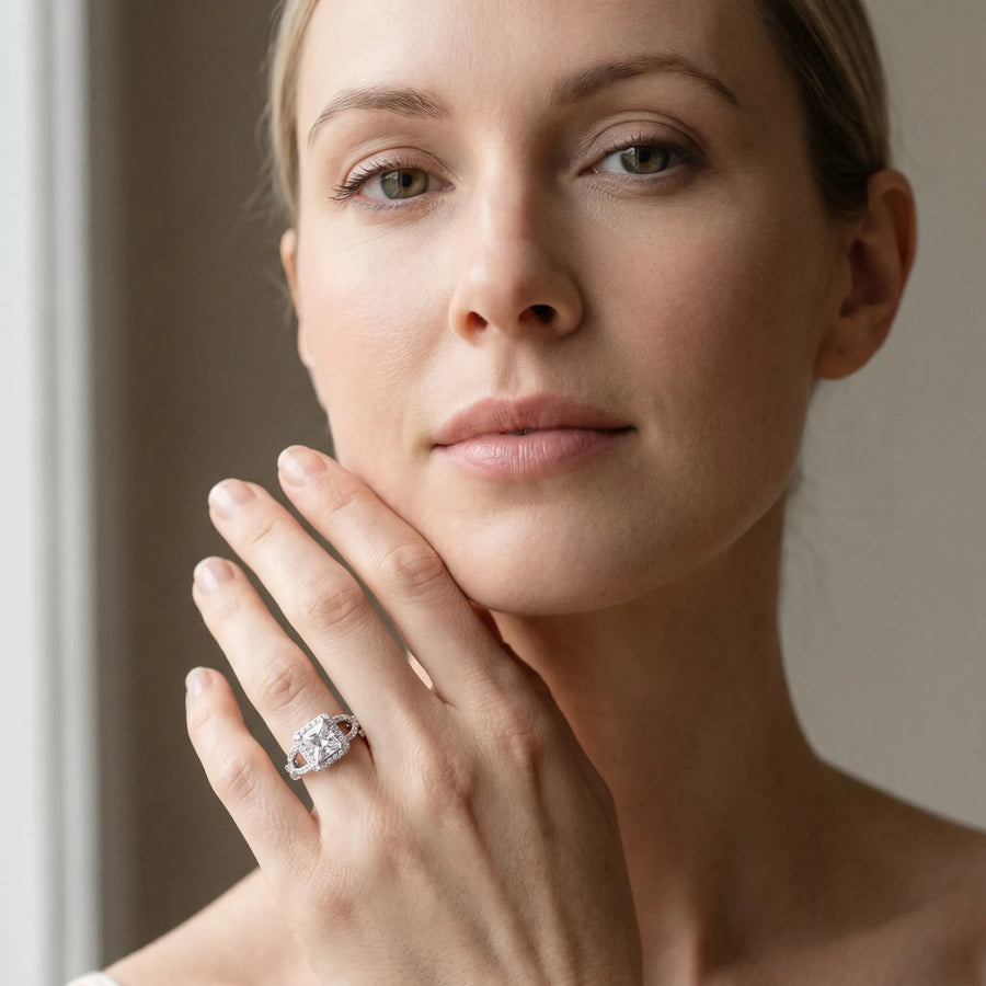 White gold Princess Cut Diamond Halo Engagement Ring with Open Split Pavé Band