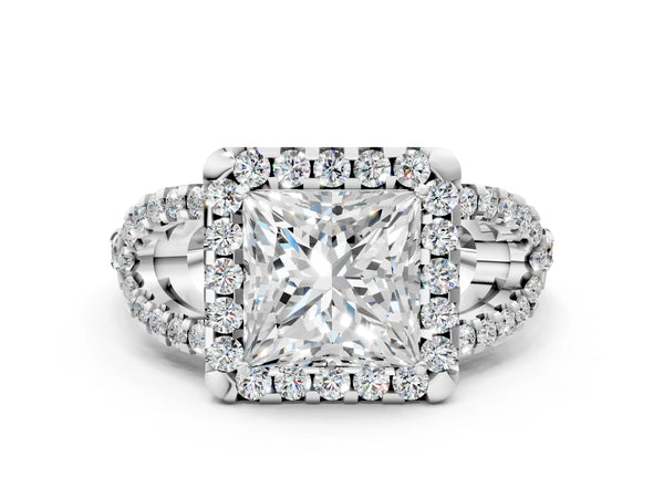 White Gold Princess Cut Split Shank Pave Halo Engagement Ring Setting