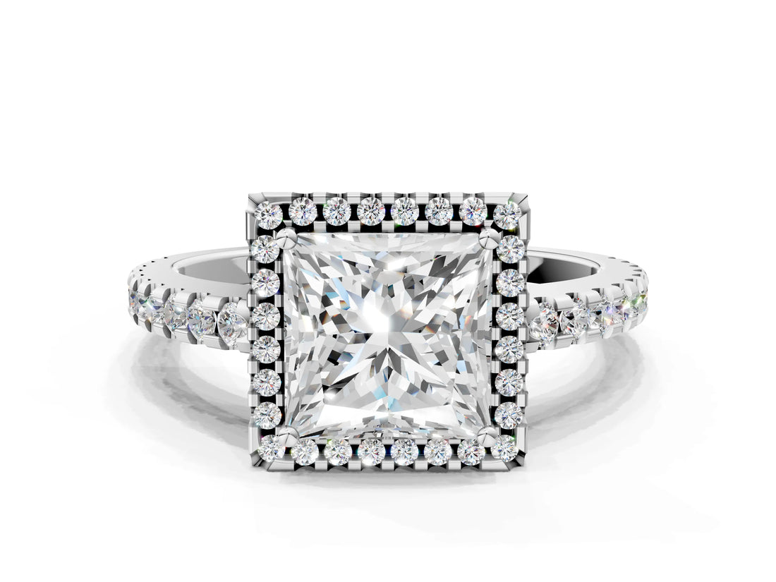 White gold Princess Cut Diamond Halo Engagement Ring with Pavé Band and Prong Setting_27