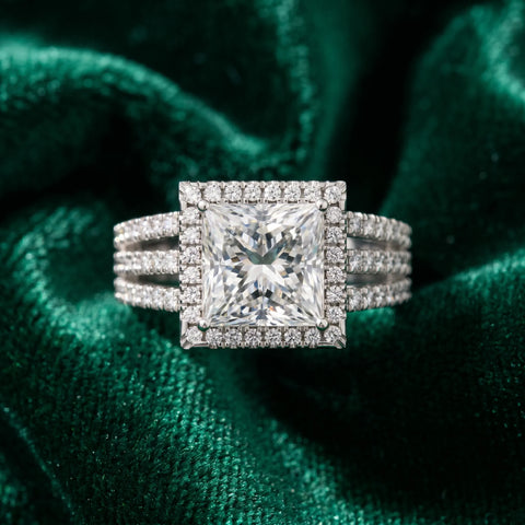 Silver 1.06 Carat E VS1 Princess Diamond Halo Engagement Ring with Split Shank and Four-Prong Setting