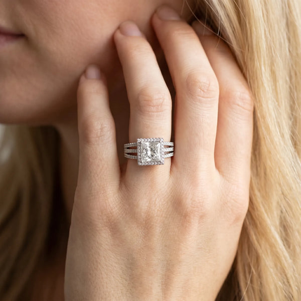 White gold Princess Cut Diamond Halo Engagement Ring with Split Shank and Four-Prong Setting
