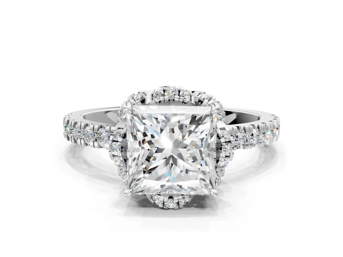 White gold Princess Cut Diamond Halo Pave Band with Four-Prong Setting_3