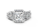 White gold Princess Cut Diamond Halo Ring with Milgrain Pavé Band and Four-Prong Setting_94