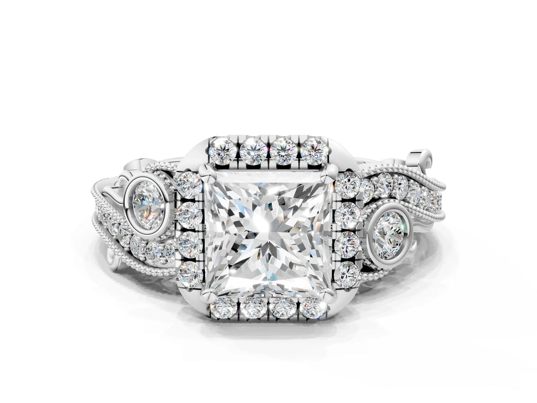 White gold Princess Cut Diamond Halo Ring with Milgrain Pavé Band and Four-Prong Setting_95