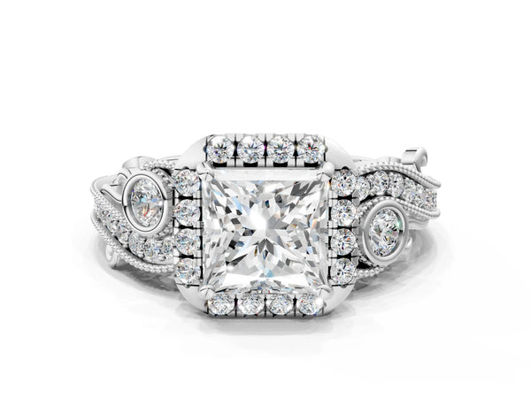 Platinum Princess Cut Halo Engagement Ring Setting with Bezel Accents