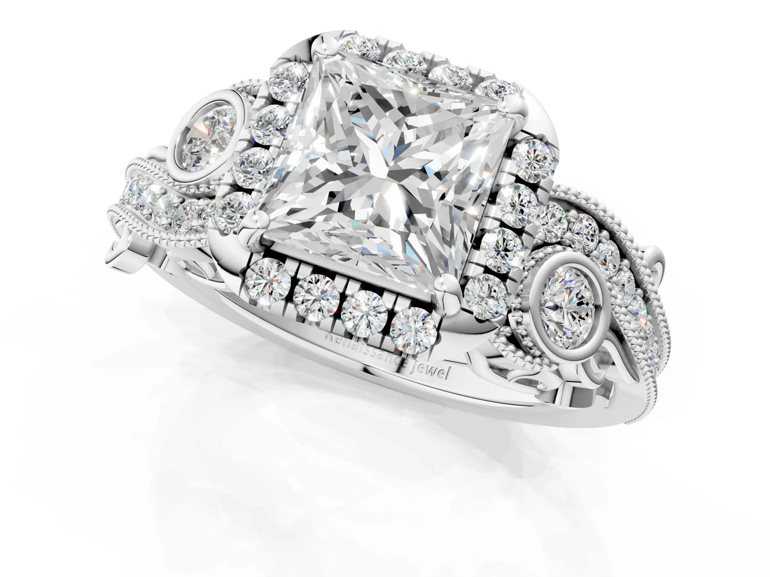 White gold Princess Cut Diamond Halo Ring with Milgrain Pavé Band and Four-Prong Setting_95