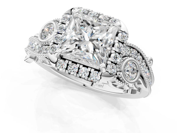 White gold Princess Cut Diamond Halo Ring with Milgrain Pavé Band and Four-Prong Setting