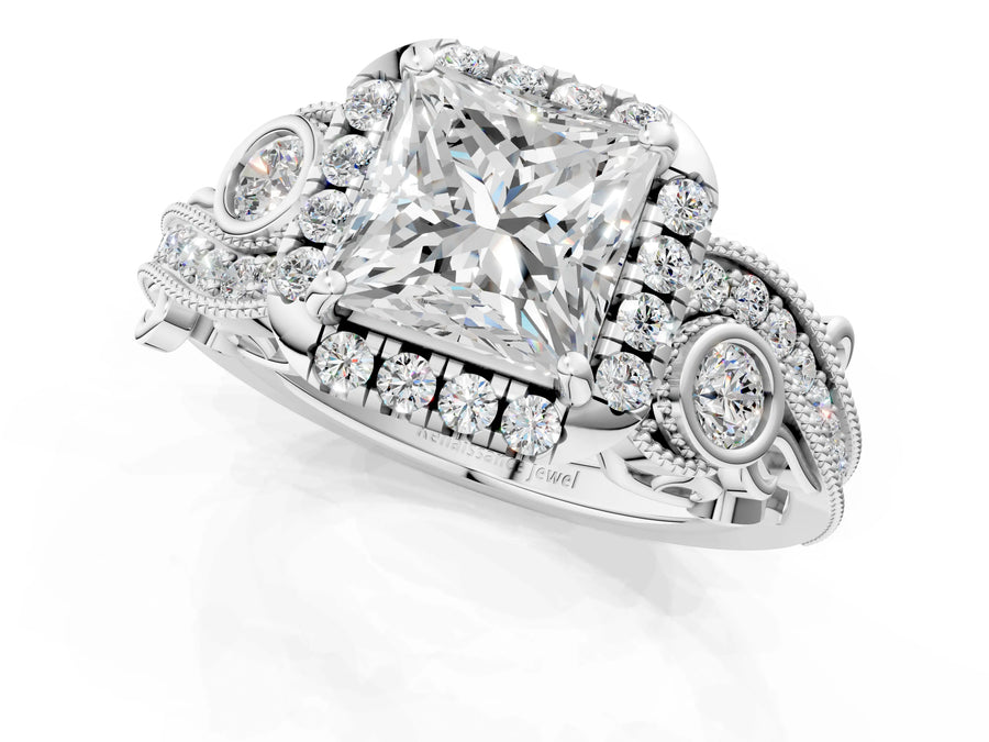White gold Princess Cut Diamond Halo Ring with Milgrain Pavé Band and Four-Prong Setting
