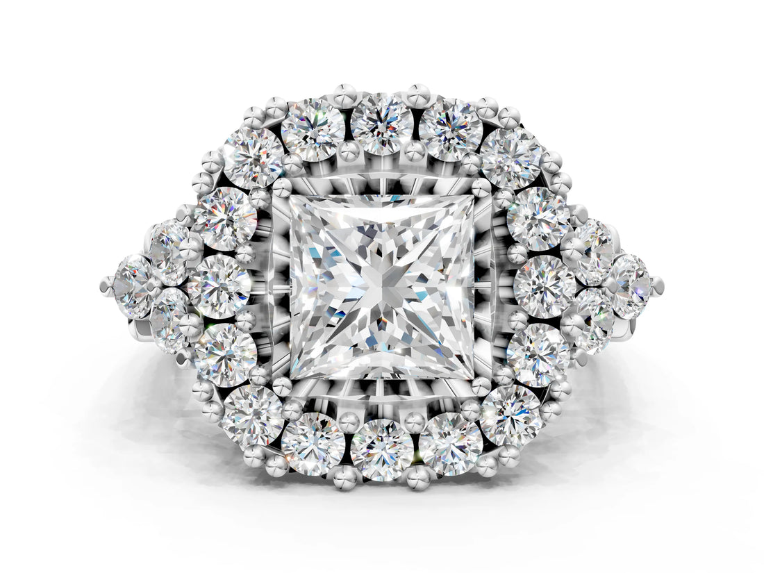 White gold Princess Cut Diamond Halo Ring with Pavé Band and Four-Prong Setting_61
